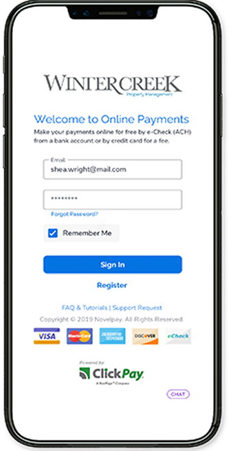 Wintercreek online payments login screen