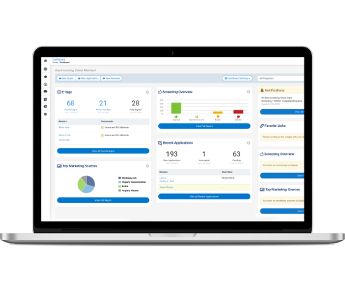 Leasing dashboard showing e-sign, screening, and application overview