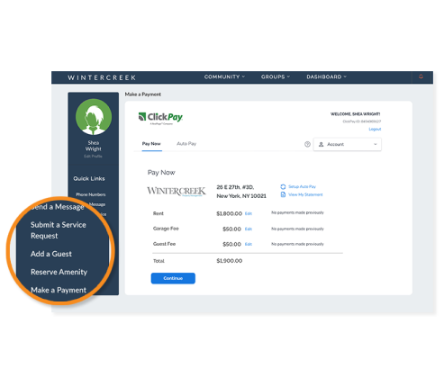 Resident portal payment screen with the quick links menu highlighted
