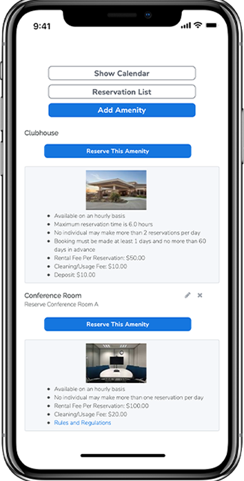 Resident app showing amenity reservations